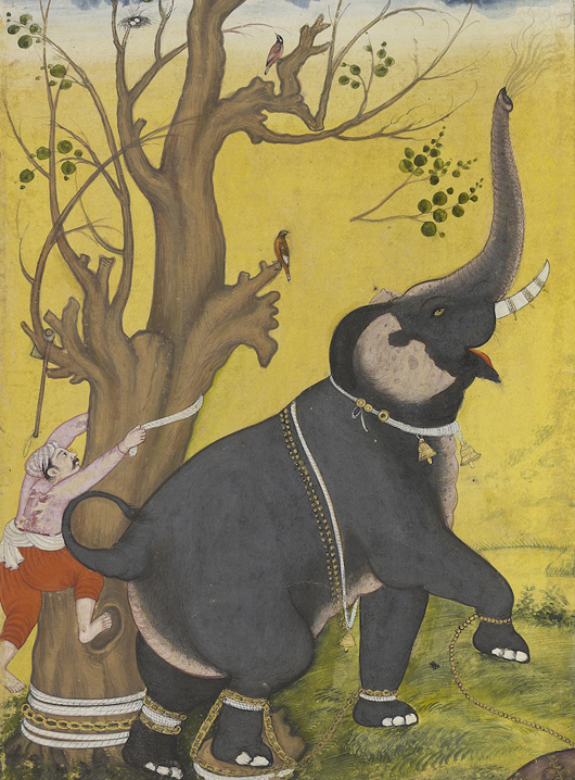 A Mughal miniature, circa 1570-80, showing a keeper trying to restrain an elephant, which will be on the stand of London specialist Indian works of art dealer Francesca Galloway at Frieze Masters, Oct. 17-20. Image courtesy of Francesca Galloway.